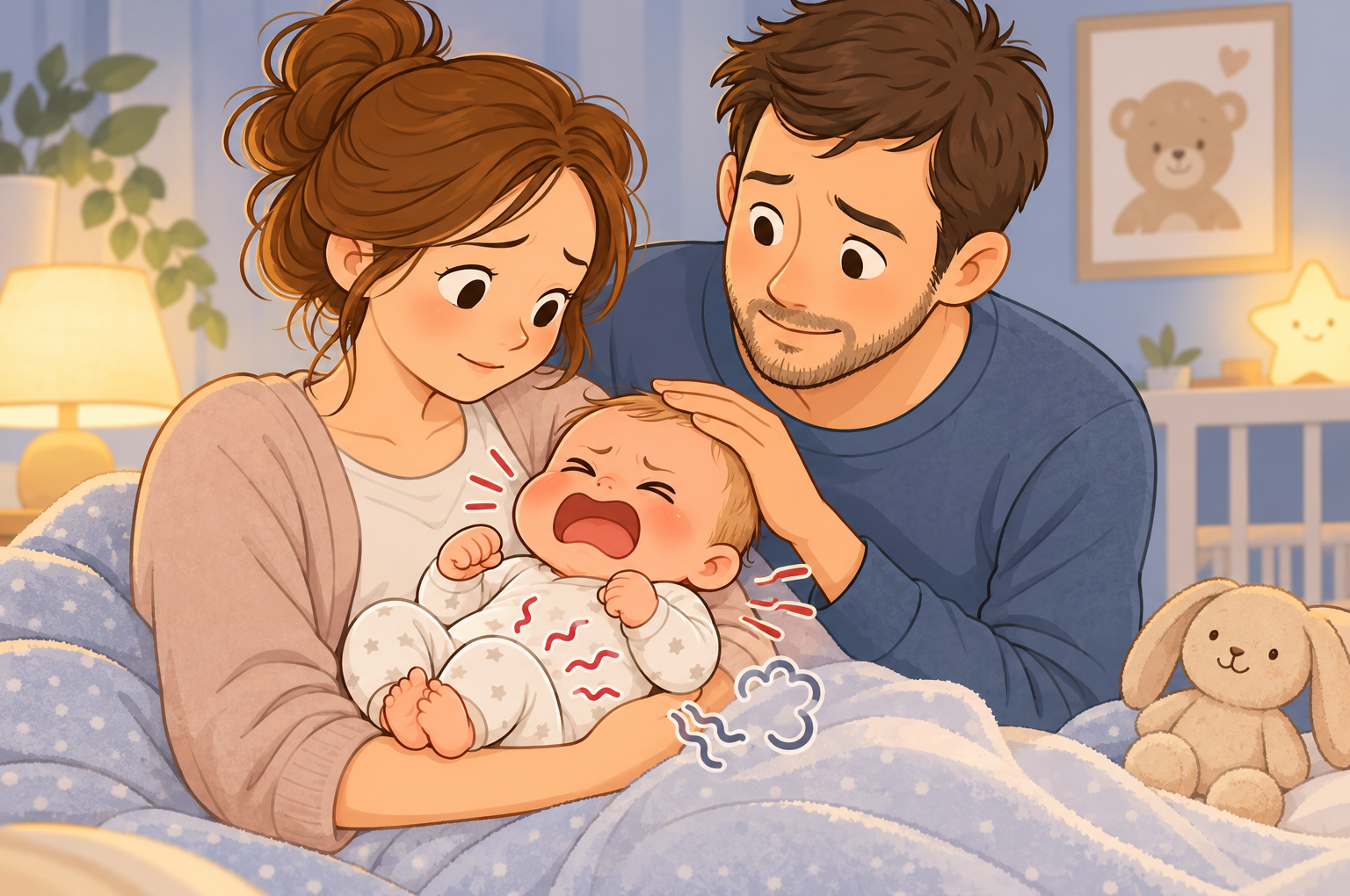 Eltern beruhigen ihr weinendes Baby mit Drei-Monats-Koliken – Illustration zu Säuglingskoliken