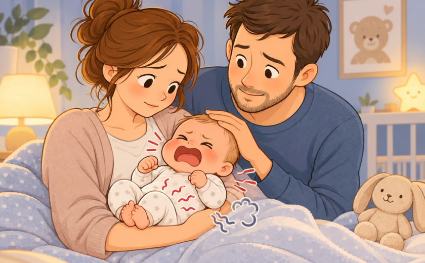 Eltern beruhigen ihr weinendes Baby mit Drei-Monats-Koliken – Illustration zu Säuglingskoliken