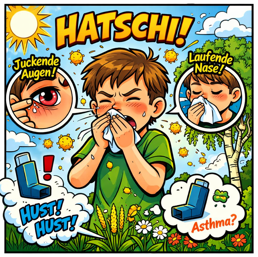 Comic Illustration eines Kindes mit Pollenallergie – typische Symptome wie Niesen, juckende Augen und laufende Nase