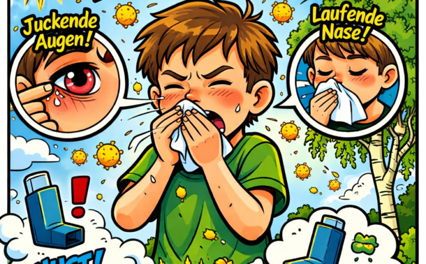 Comic Illustration eines Kindes mit Pollenallergie – typische Symptome wie Niesen, juckende Augen und laufende Nase