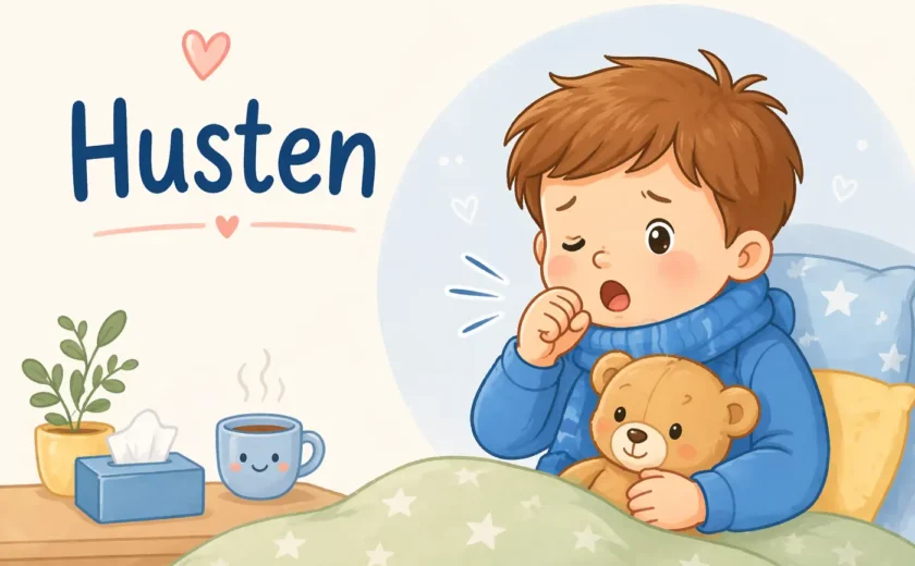 Süßes Comic-Bild eines hustenden Kindes im Bett mit Teddybär – Darstellung von Husten bei Kindern