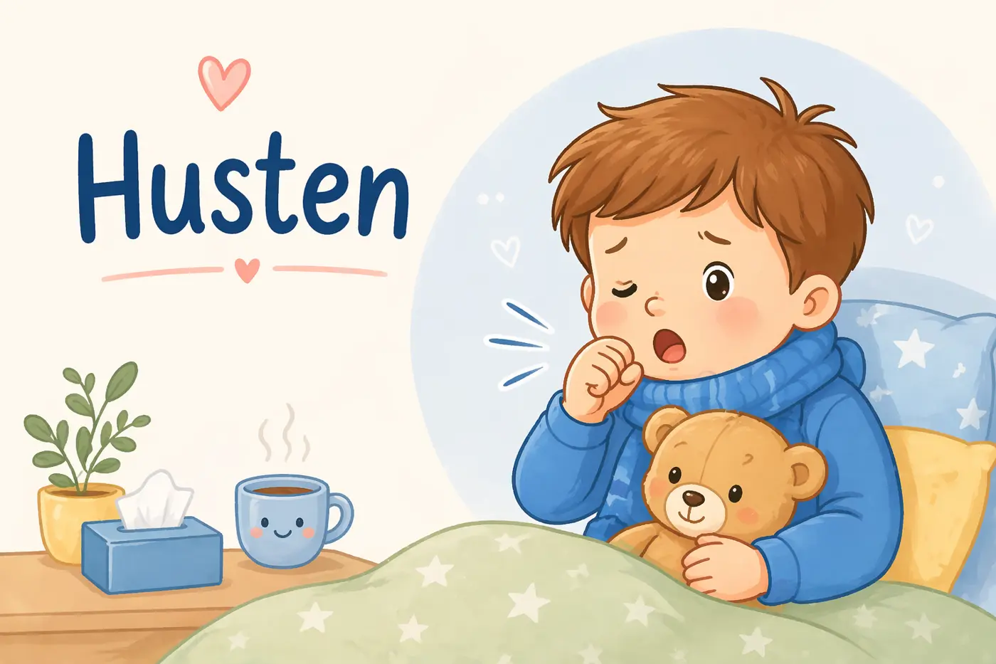 Süßes Comic-Bild eines hustenden Kindes im Bett mit Teddybär – Darstellung von Husten bei Kindern