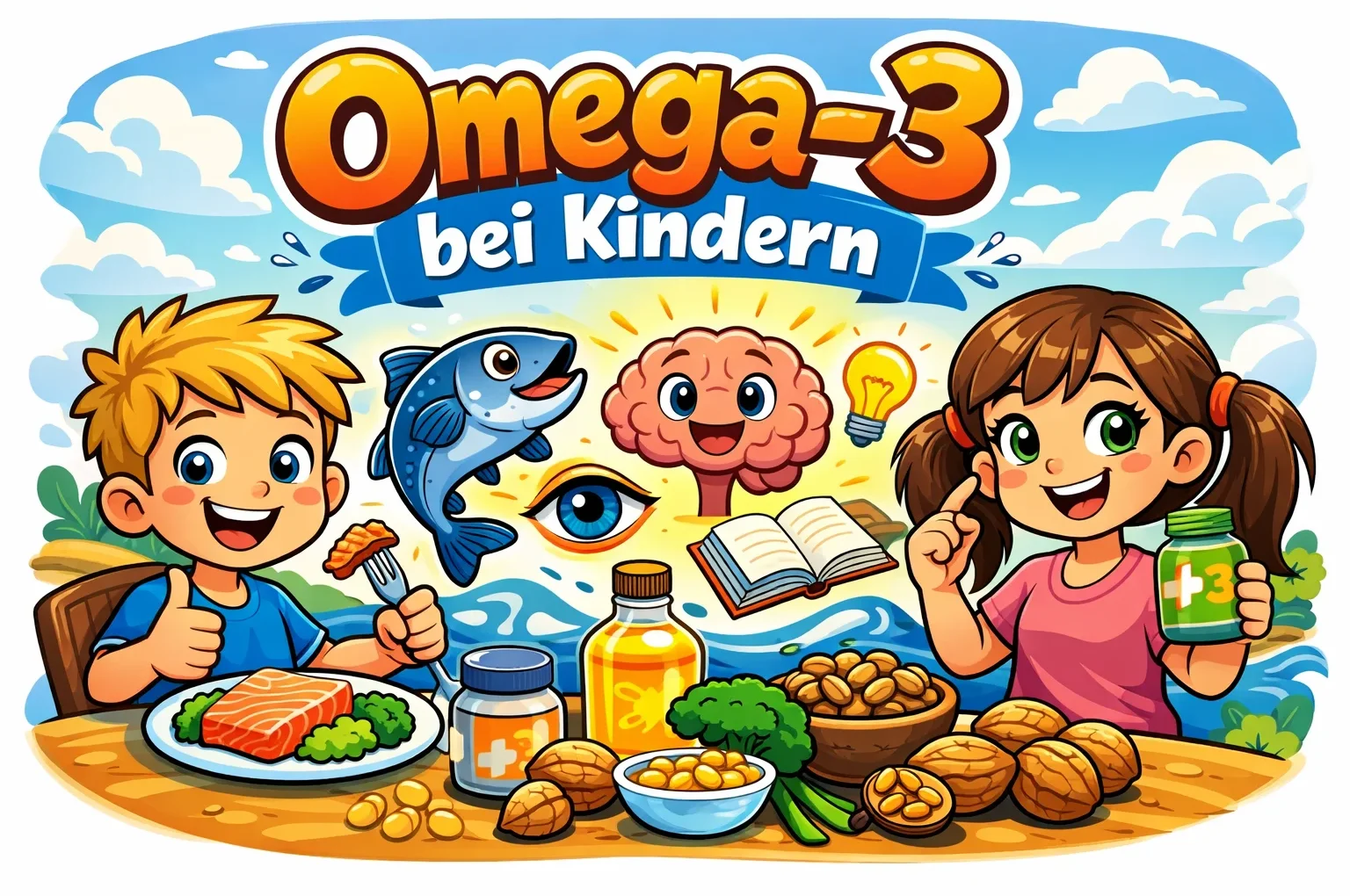 „Omega-3 bei Kindern – Comic Illustration mit Fisch, Gehirn und gesunden Lebensmitteln“