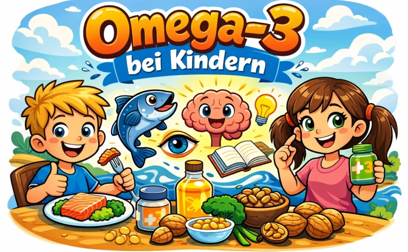 „Omega-3 bei Kindern – Comic Illustration mit Fisch, Gehirn und gesunden Lebensmitteln“